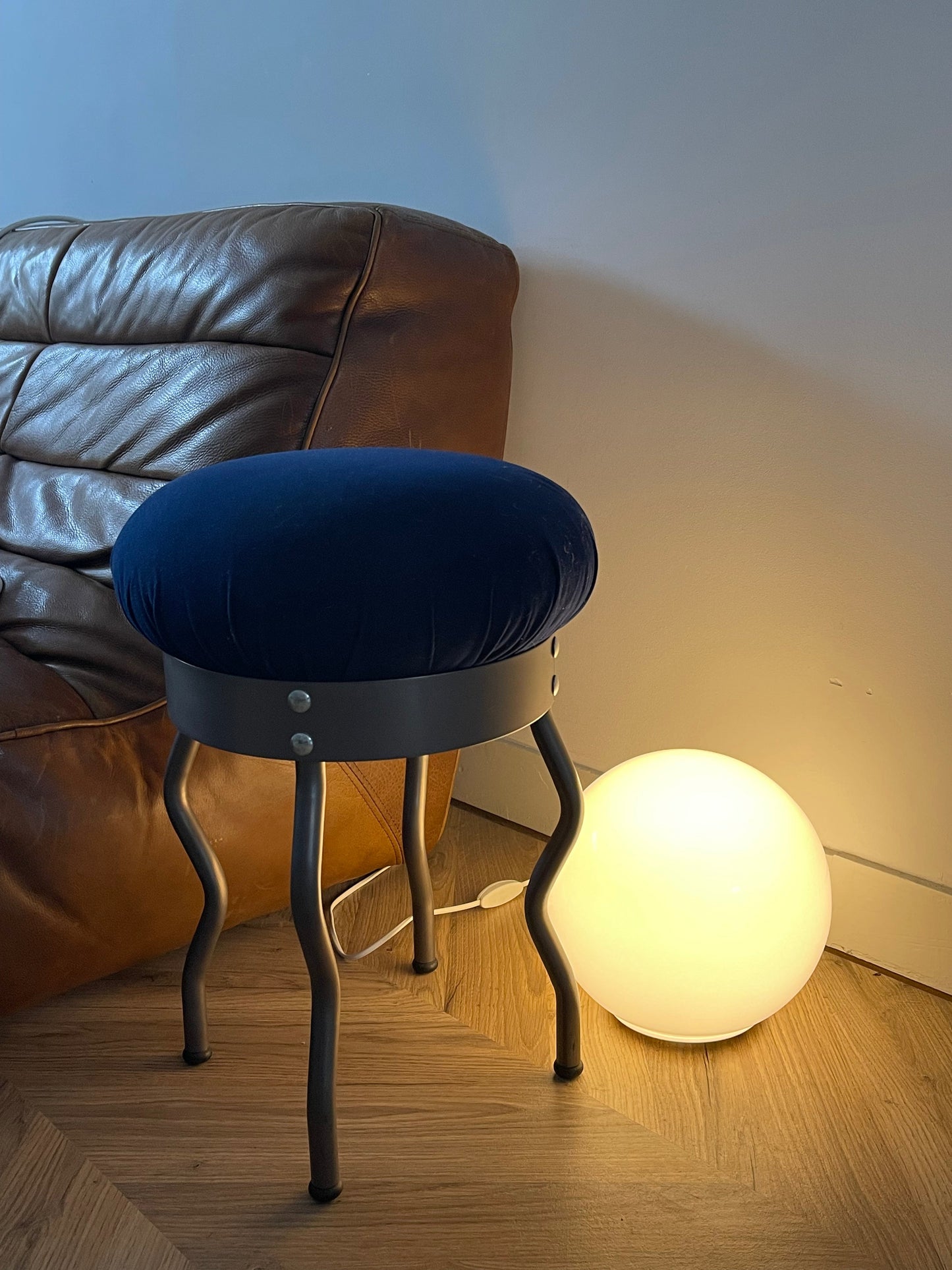Vintage Ikea Uri Stool | Designed by Per Ivang Ledang | Vintage Ikea stool | Vintage Ikea 1995 | Ikea Wavy leg stool | Blue cushion viaviavintage