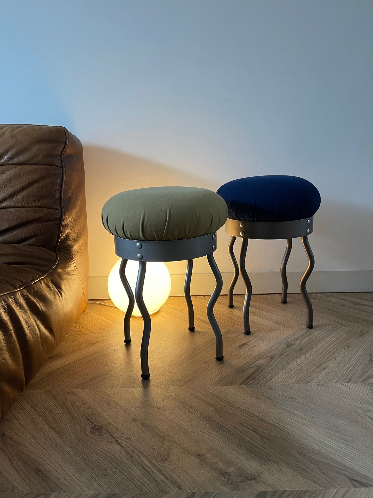 Vintage Ikea Uri Stool | Designed by Per Ivang Ledang | Vintage Ikea stool | Vintage Ikea 1995 | Ikea Wavy leg stool | Green cushion
