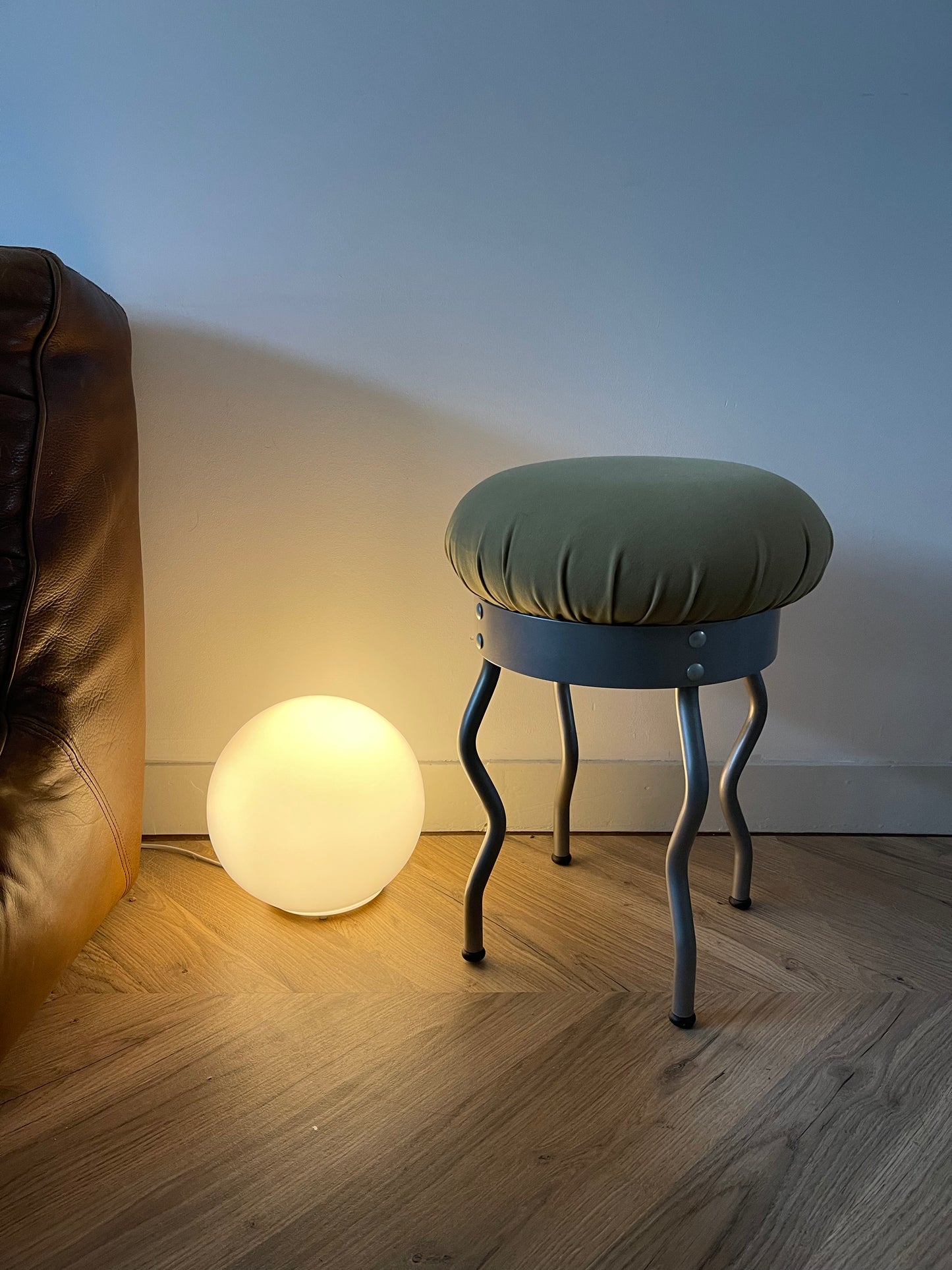 Vintage Ikea Uri Stool | Designed by Per Ivang Ledang | Vintage Ikea stool | Vintage Ikea 1995 | Ikea Wavy leg stool | Green cushion
