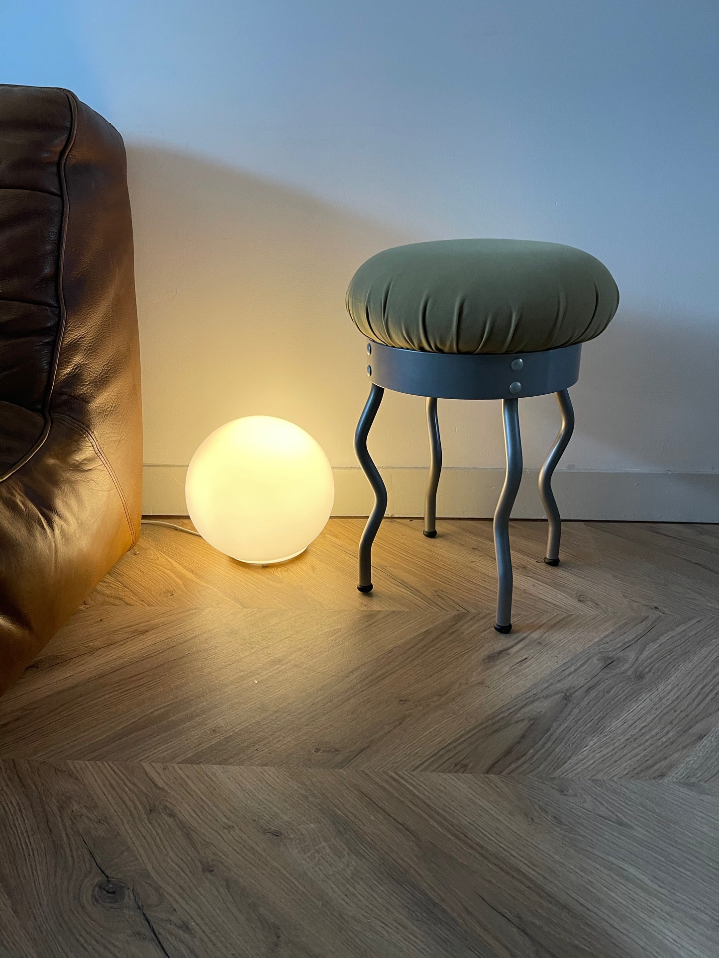 Vintage Ikea Uri Stool | Designed by Per Ivang Ledang | Vintage Ikea stool | Vintage Ikea 1995 | Ikea Wavy leg stool | Green cushion
