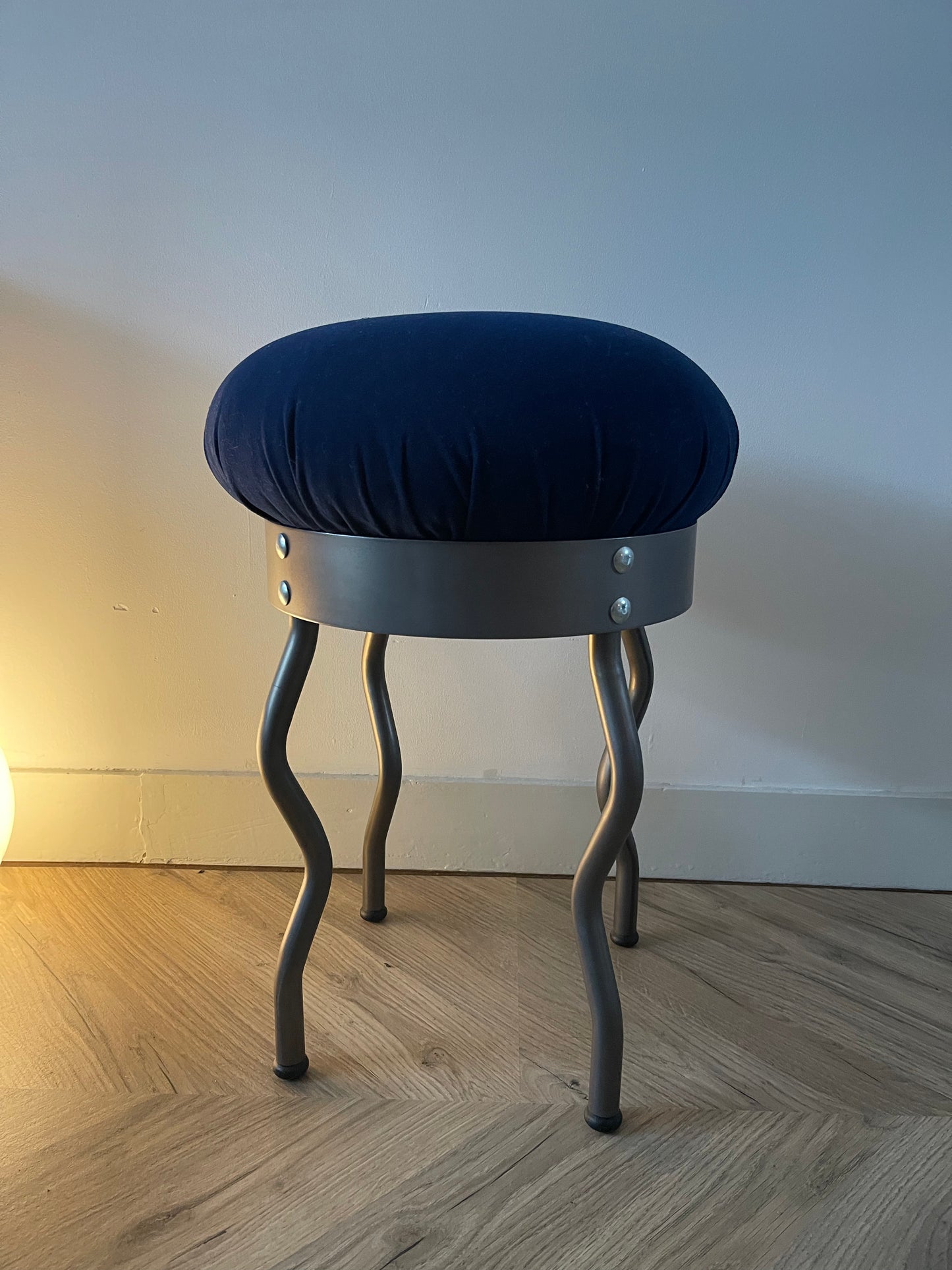 Vintage Ikea Uri Stool | Designed by Per Ivang Ledang | Vintage Ikea stool | Vintage Ikea 1995 | Ikea Wavy leg stool | Blue cushion