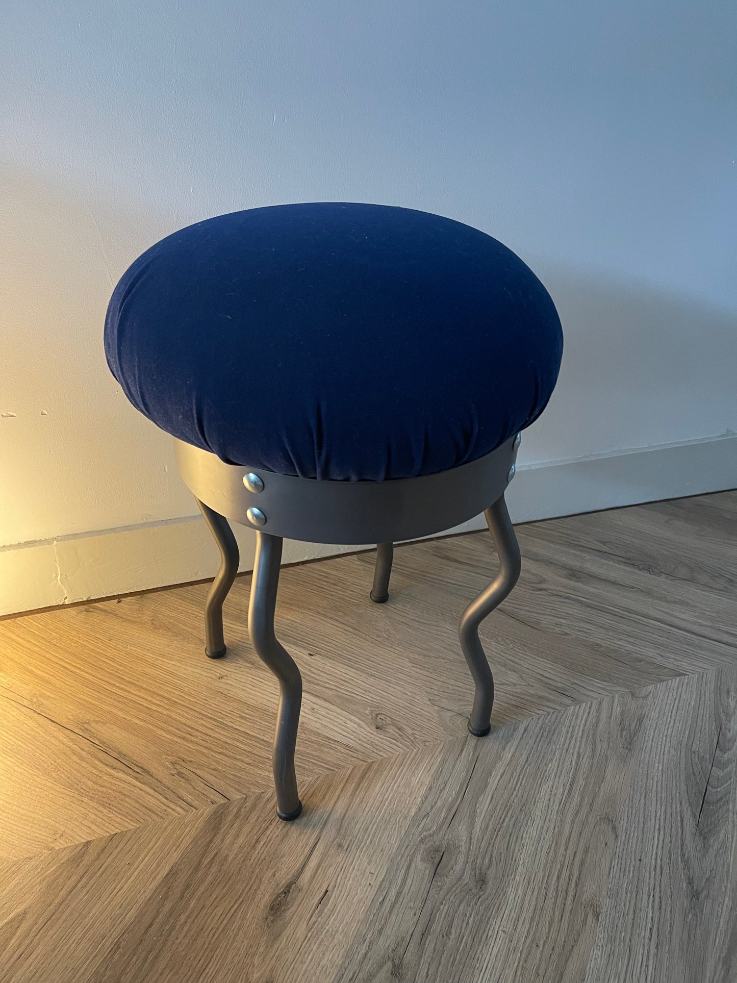 Vintage Ikea Uri Stool | Designed by Per Ivang Ledang | Vintage Ikea stool | Vintage Ikea 1995 | Ikea Wavy leg stool | Blue cushion